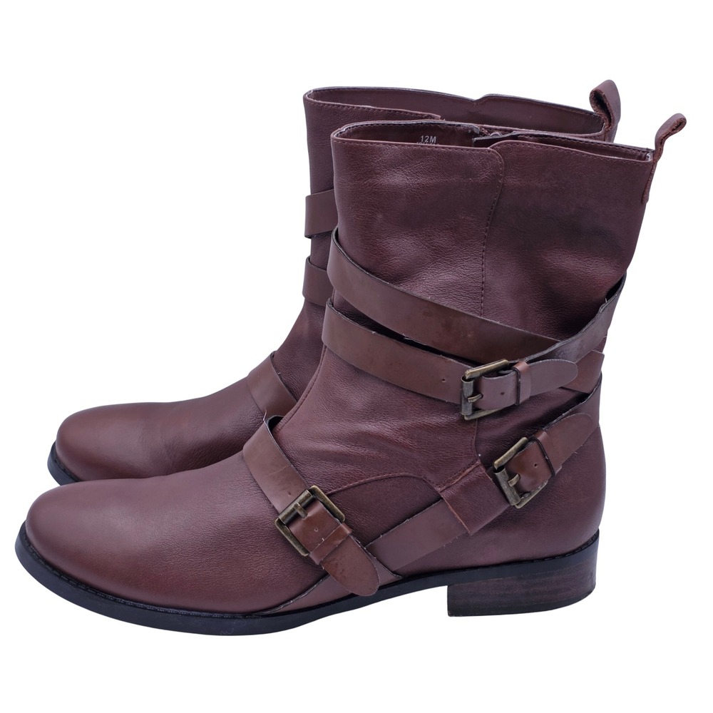Nine West Trentao Boot Women 12M Brown Leather Moto Multi Strap Buckle Ankle Zip